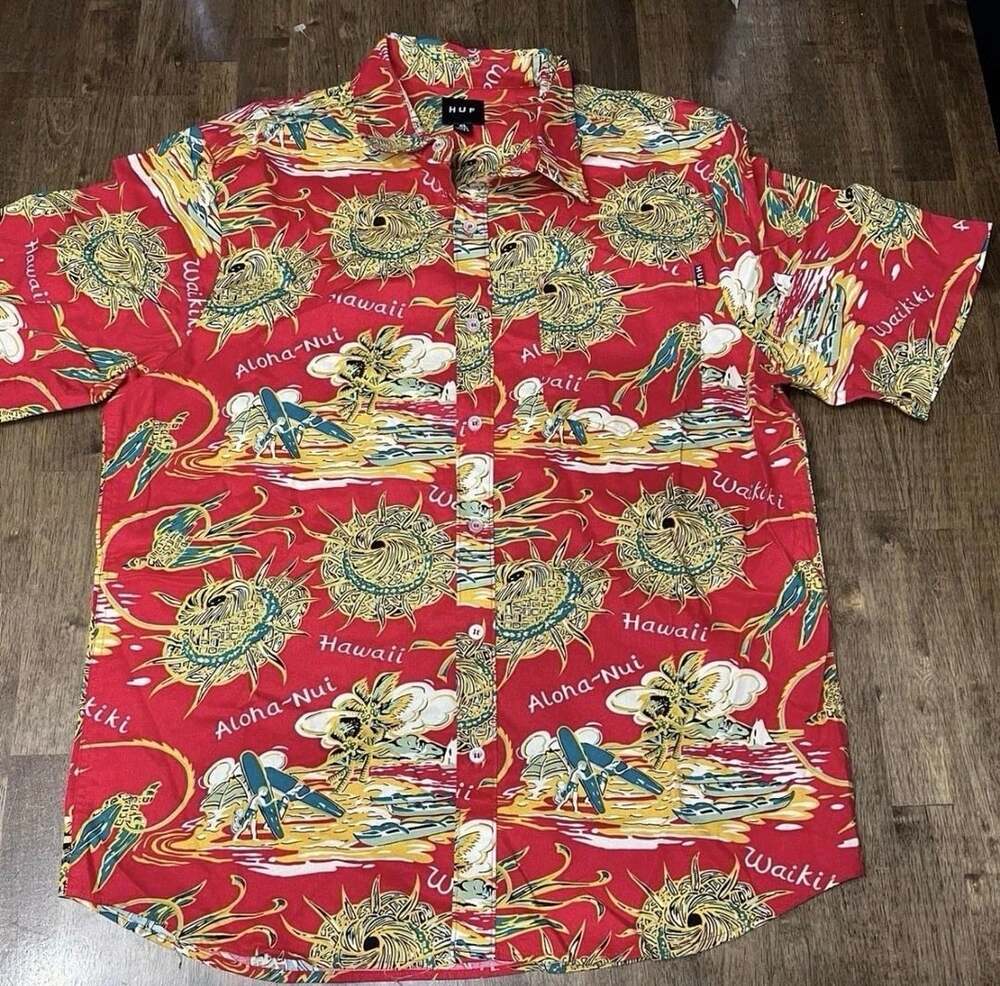 Huf Souvenir Woven Short Sleeve Shirt Size XL Red Waikiki Hawaii